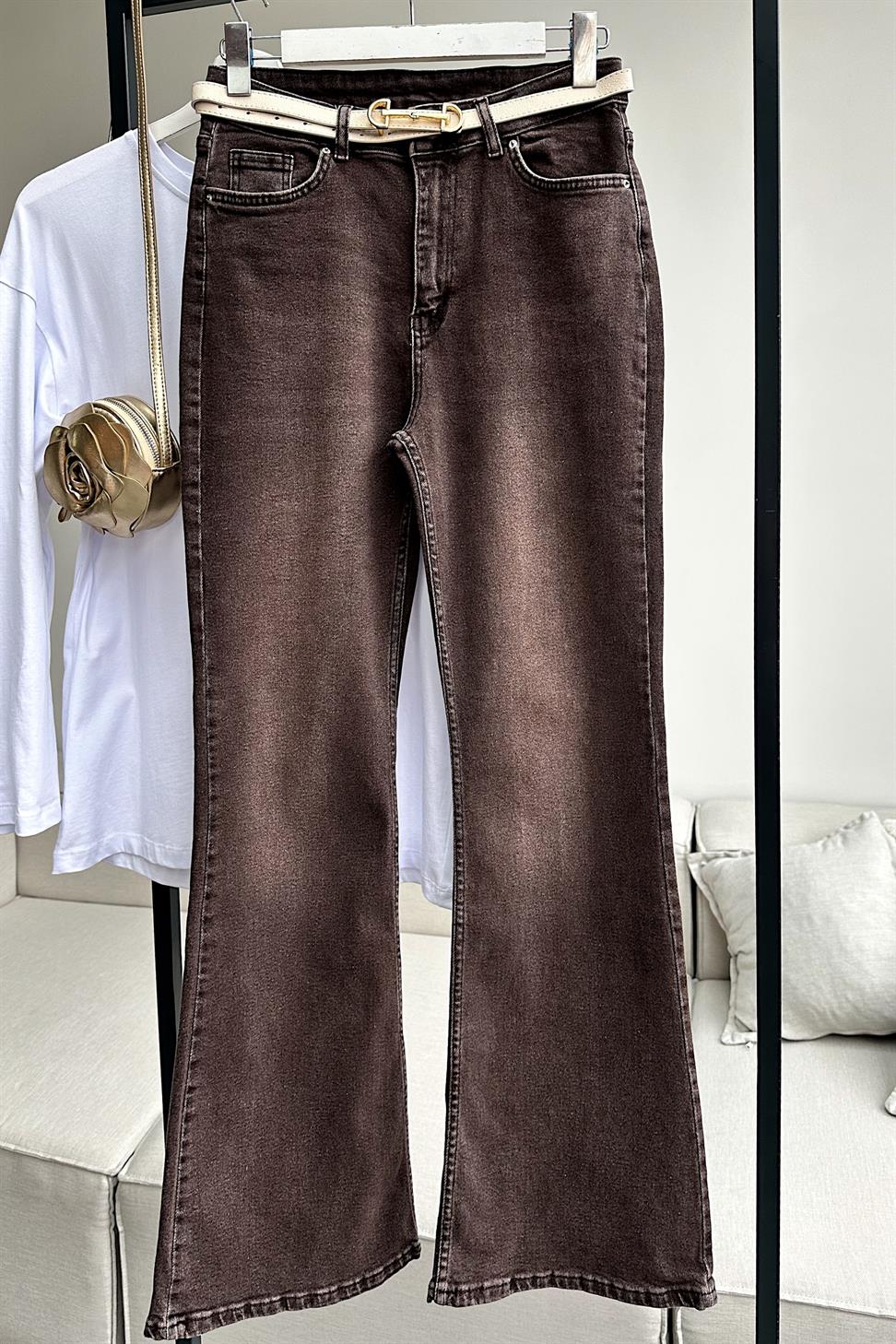 Premium Kalite Yüksek Bel Straight Jean Pantolon Kahverengi