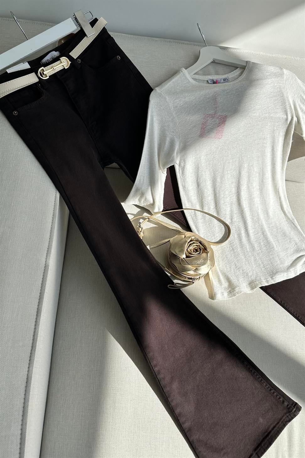 Premium Kalite Yüksek Bel Straight Jean Pantolon Fındık Kabuğu