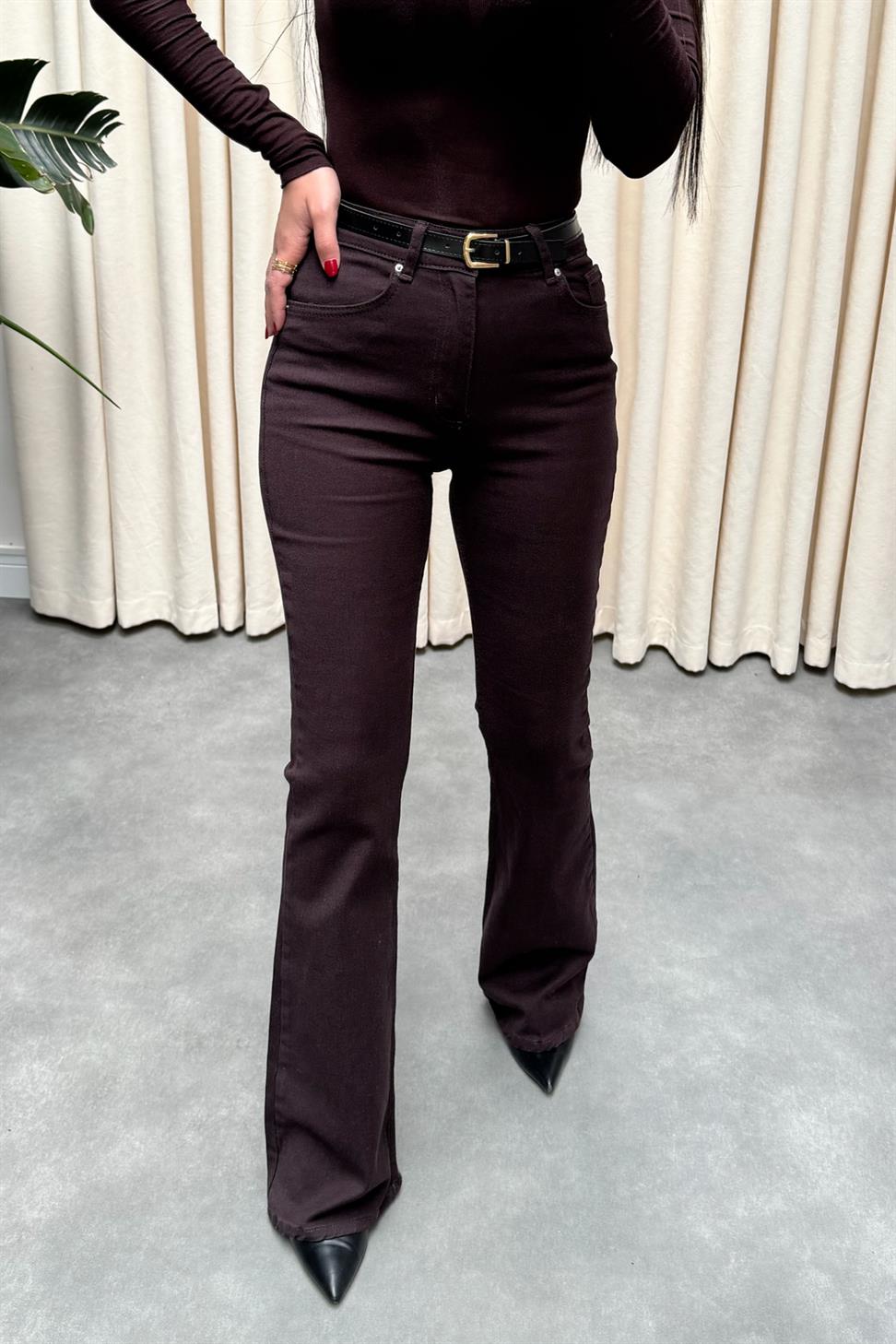 Premium Kalite Yüksek Bel Straight Jean Pantolon Fındık Kabuğu