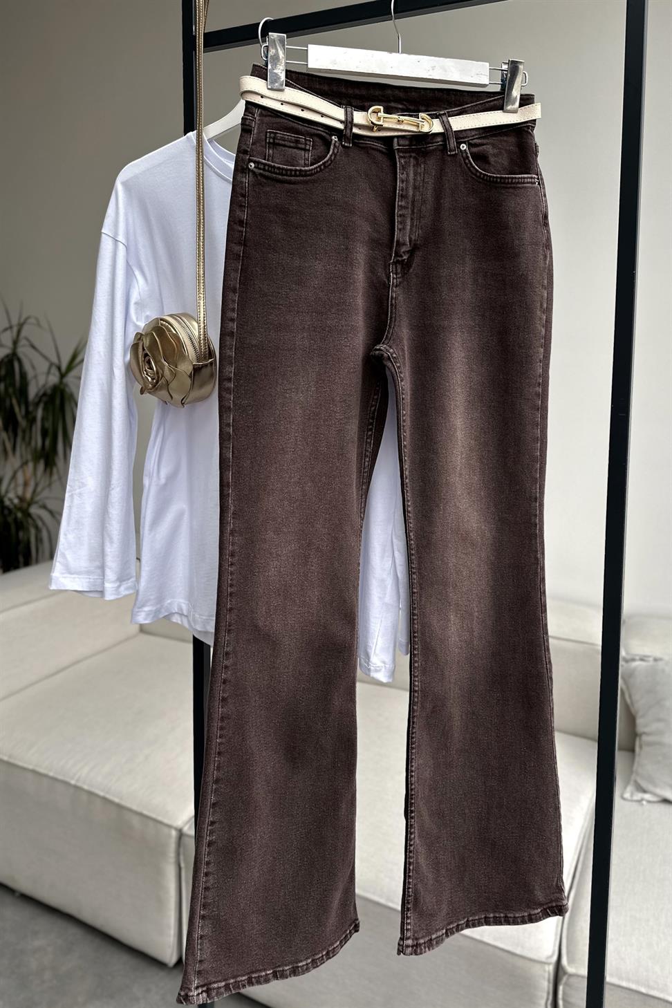 Premium Kalite Yüksek Bel Straight Jean Pantolon Kahverengi