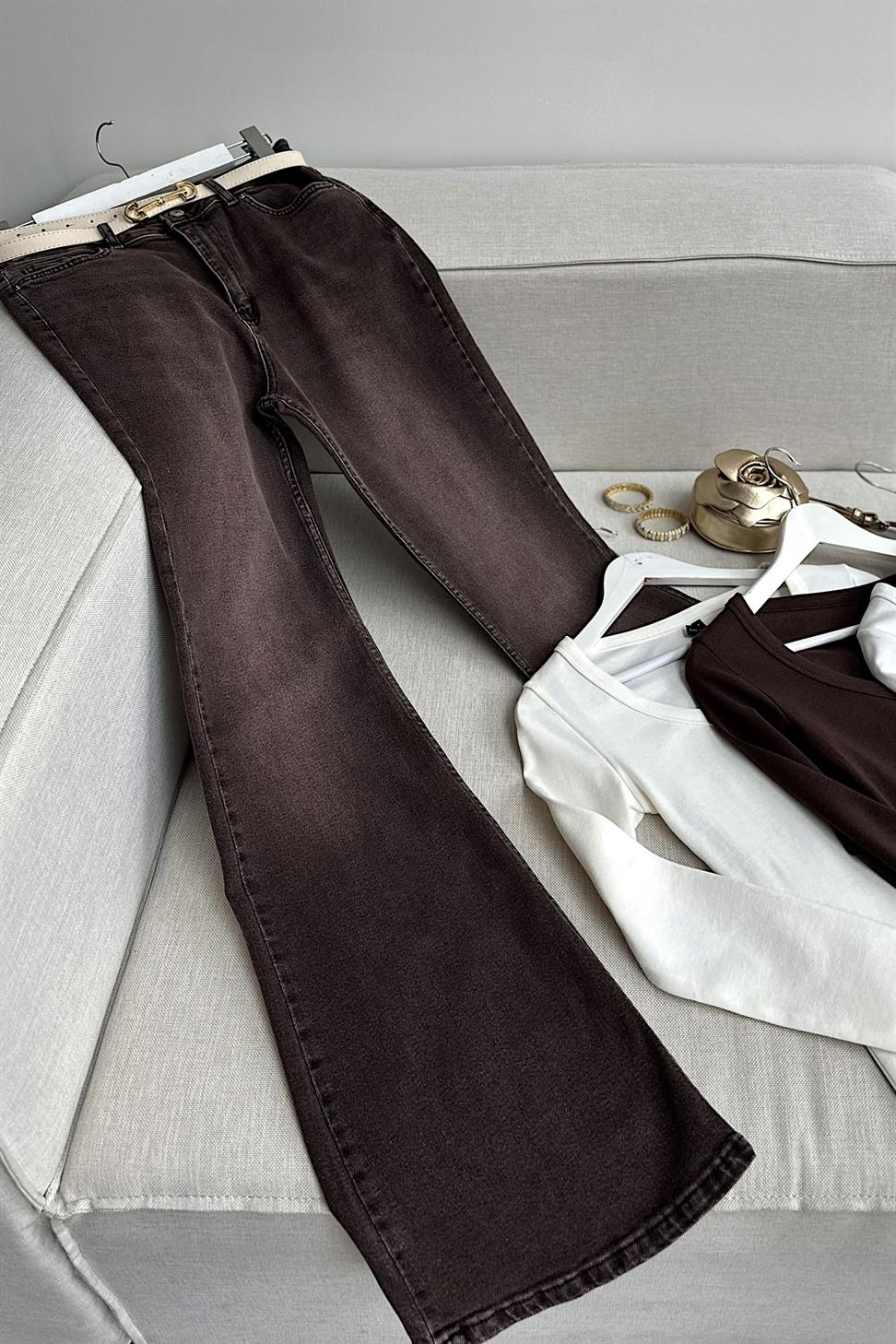 Premium Kalite Yüksek Bel Straight Jean Pantolon Kahverengi