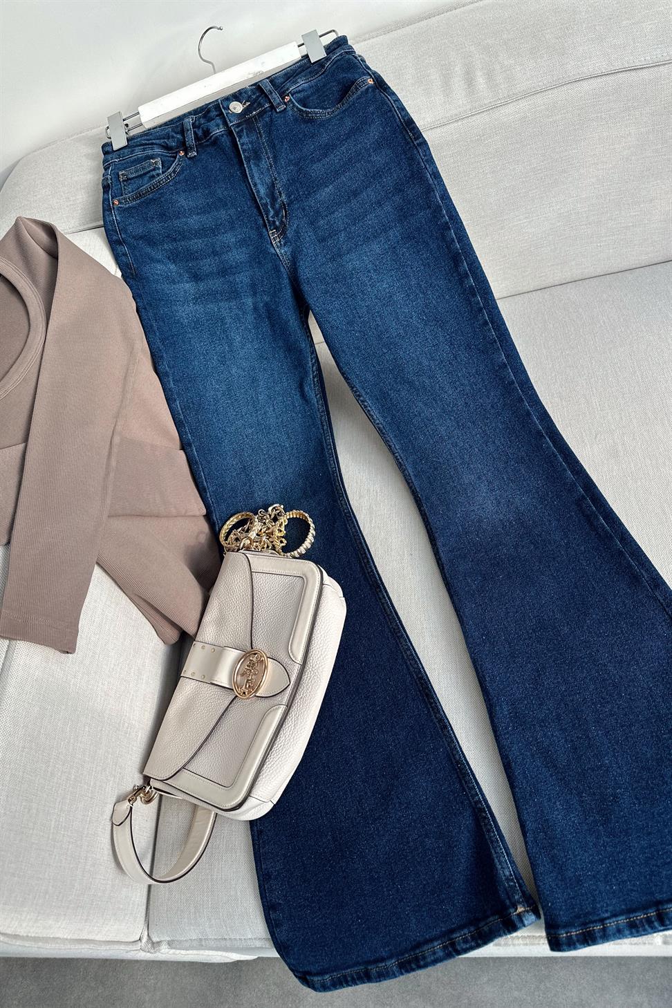 Premium Kalite Yüksek Bel Straight Jean Pantolon Koyu Mavi