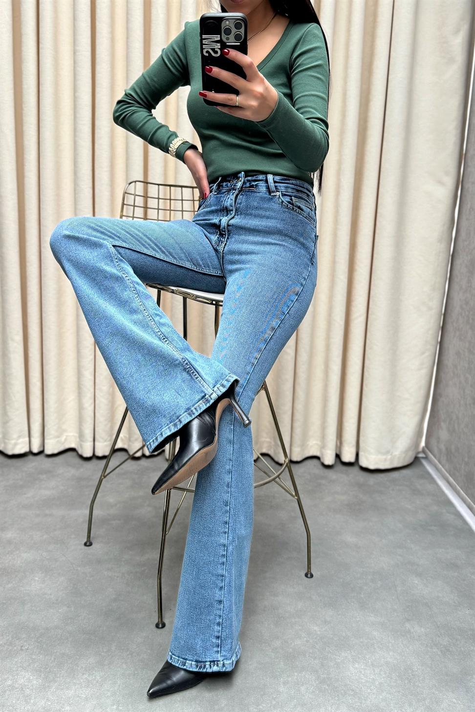 Premium Kalite Yüksek Bel Straight Jean Pantolon Açık Mavi