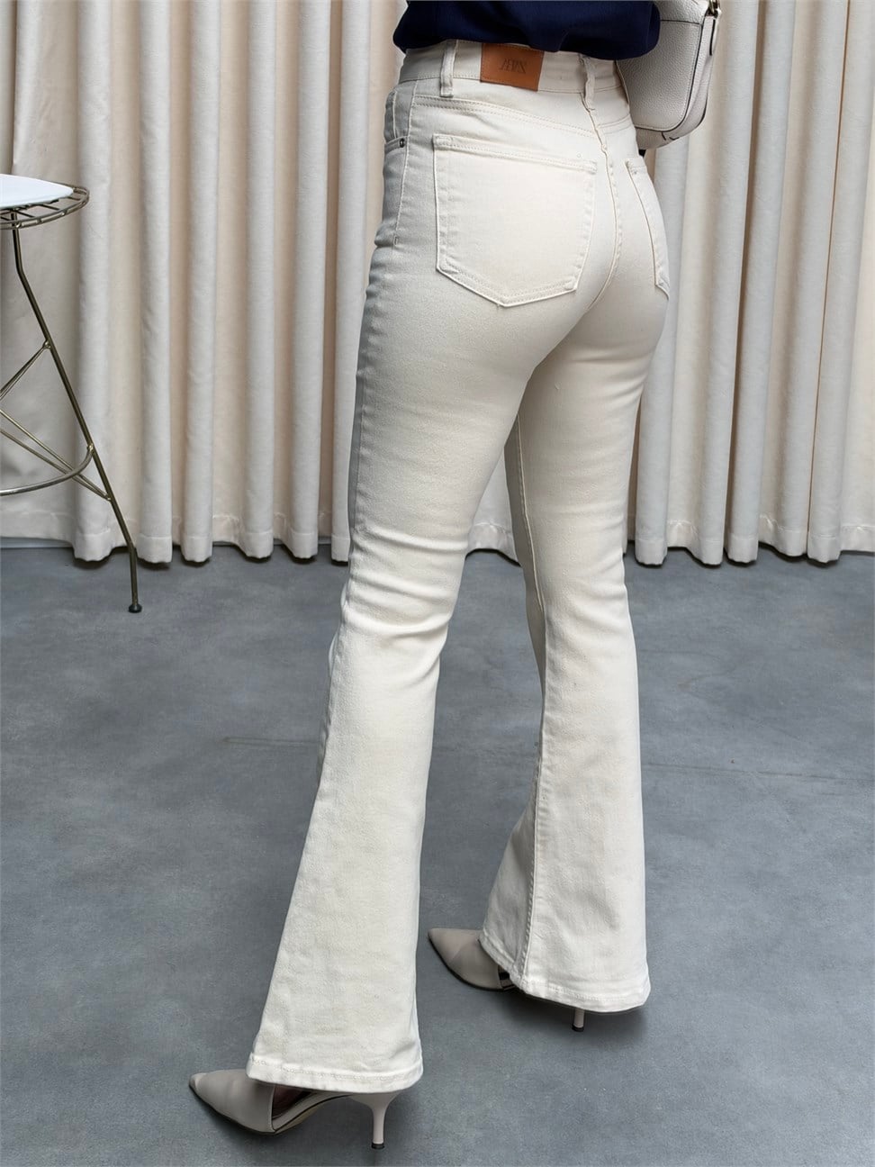 Premium Kalite Yüksek Bel Straight Jean Pantolon Krem