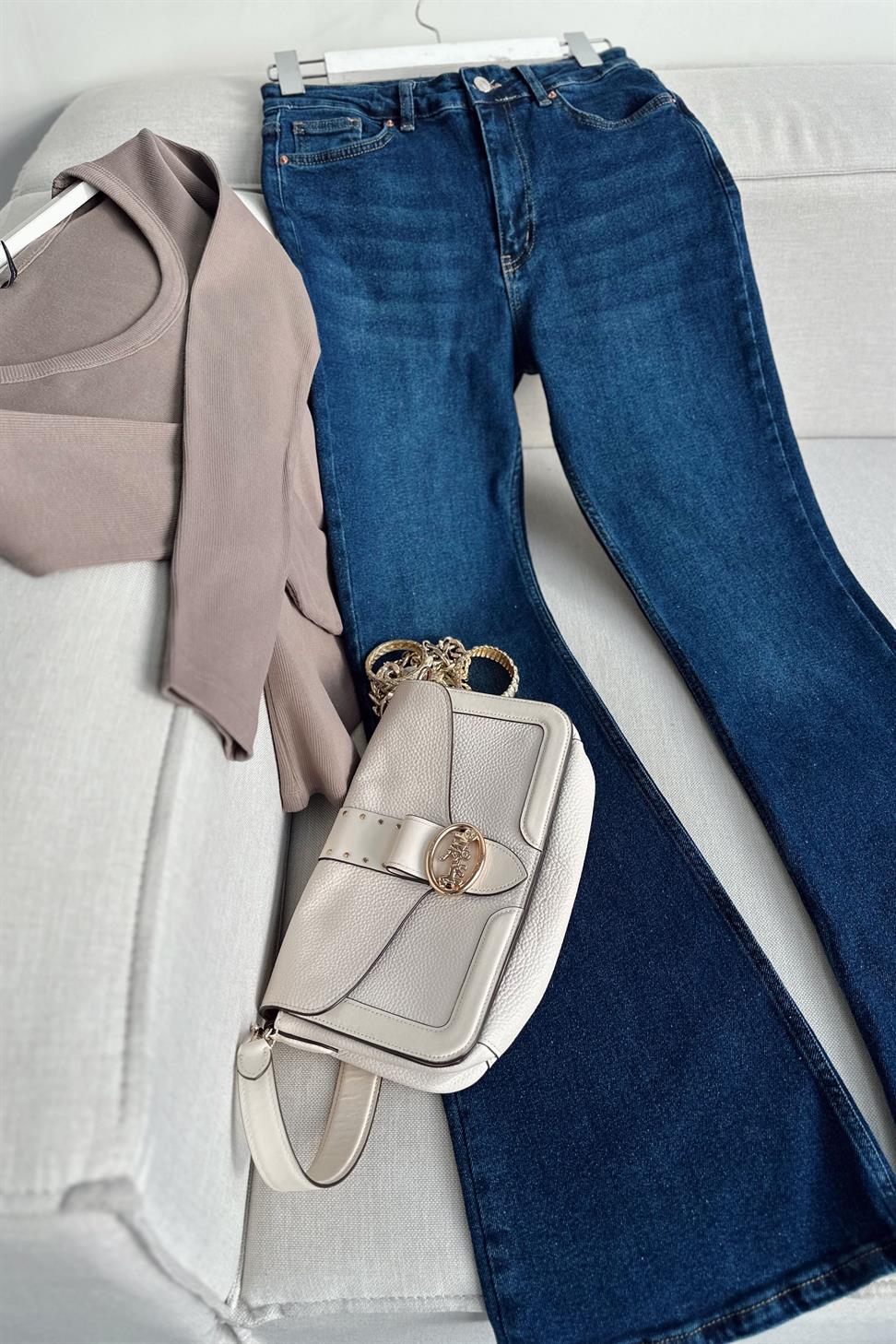 Premium Kalite Yüksek Bel Straight Jean Pantolon Koyu Mavi