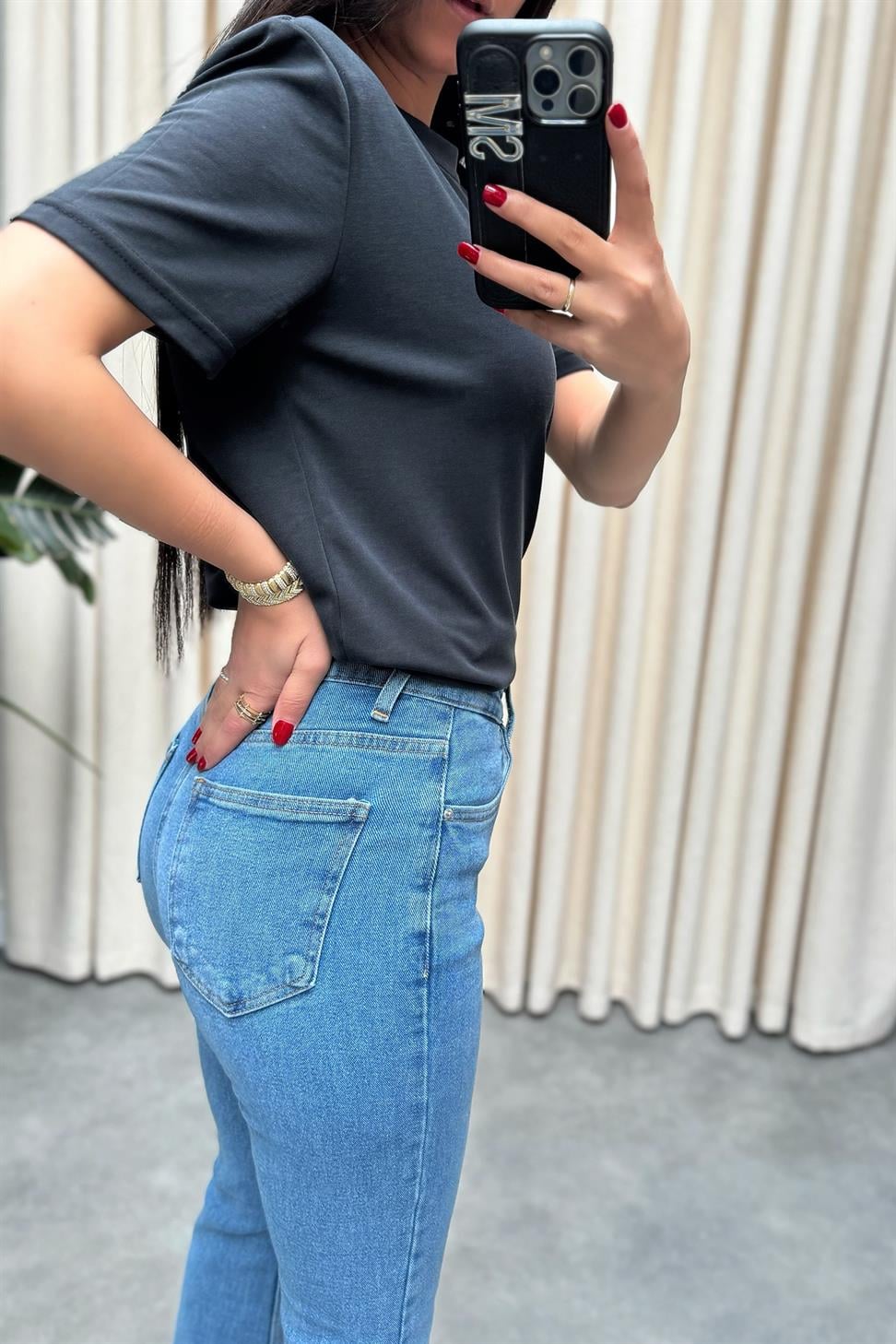 Premium Kalite Yüksek Bel Straight Jean Pantolon Buz Mavisi