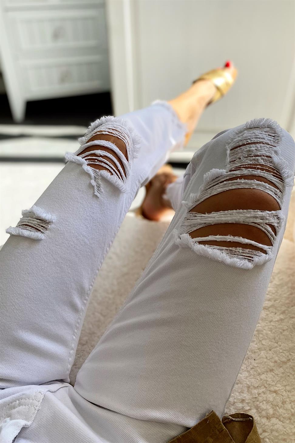 Premium Kalite Yüksek Bel Tasarım Jean Pantolon Beyaz