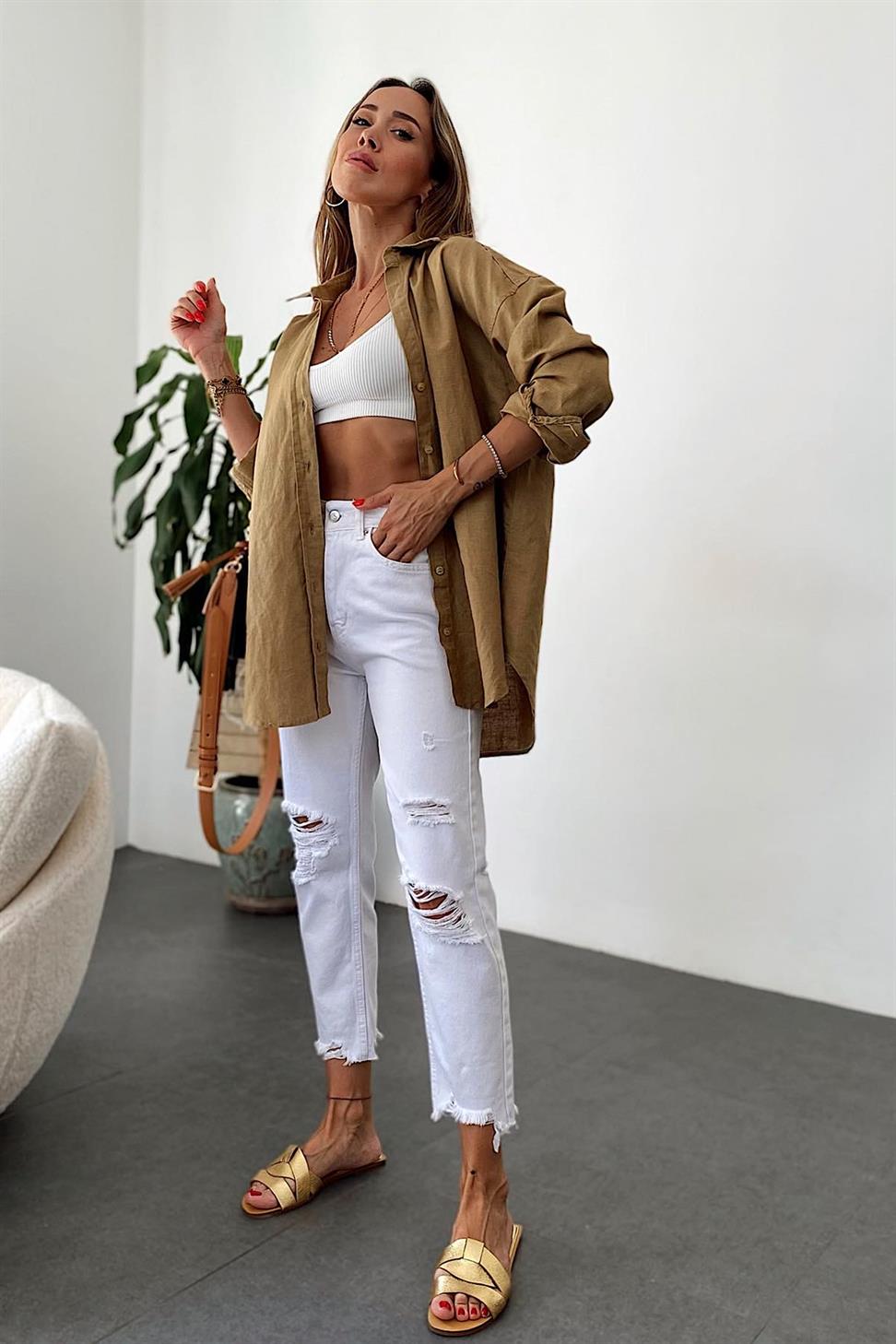 Premium Kalite Yüksek Bel Tasarım Jean Pantolon Beyaz