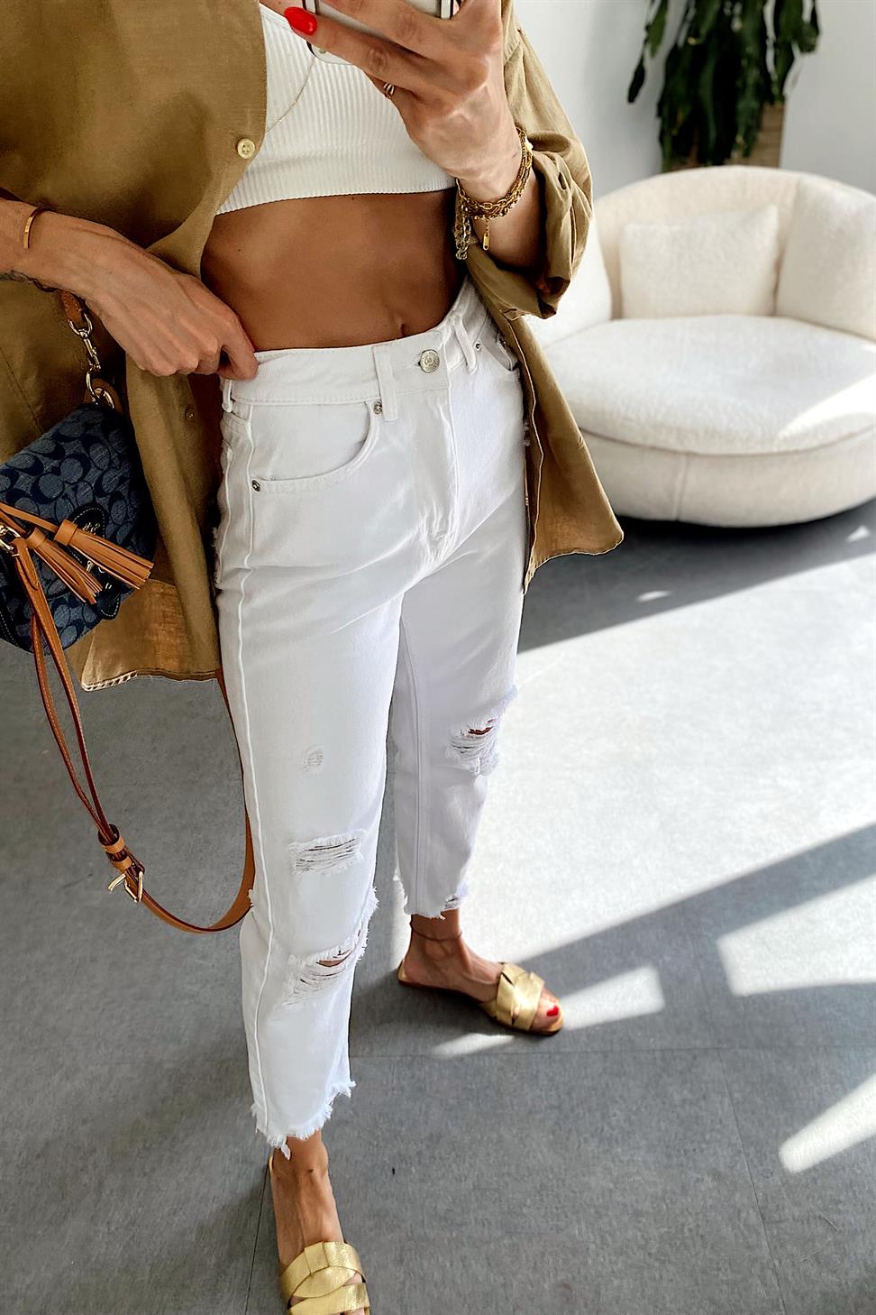 Premium Kalite Yüksek Bel Tasarım Jean Pantolon Beyaz