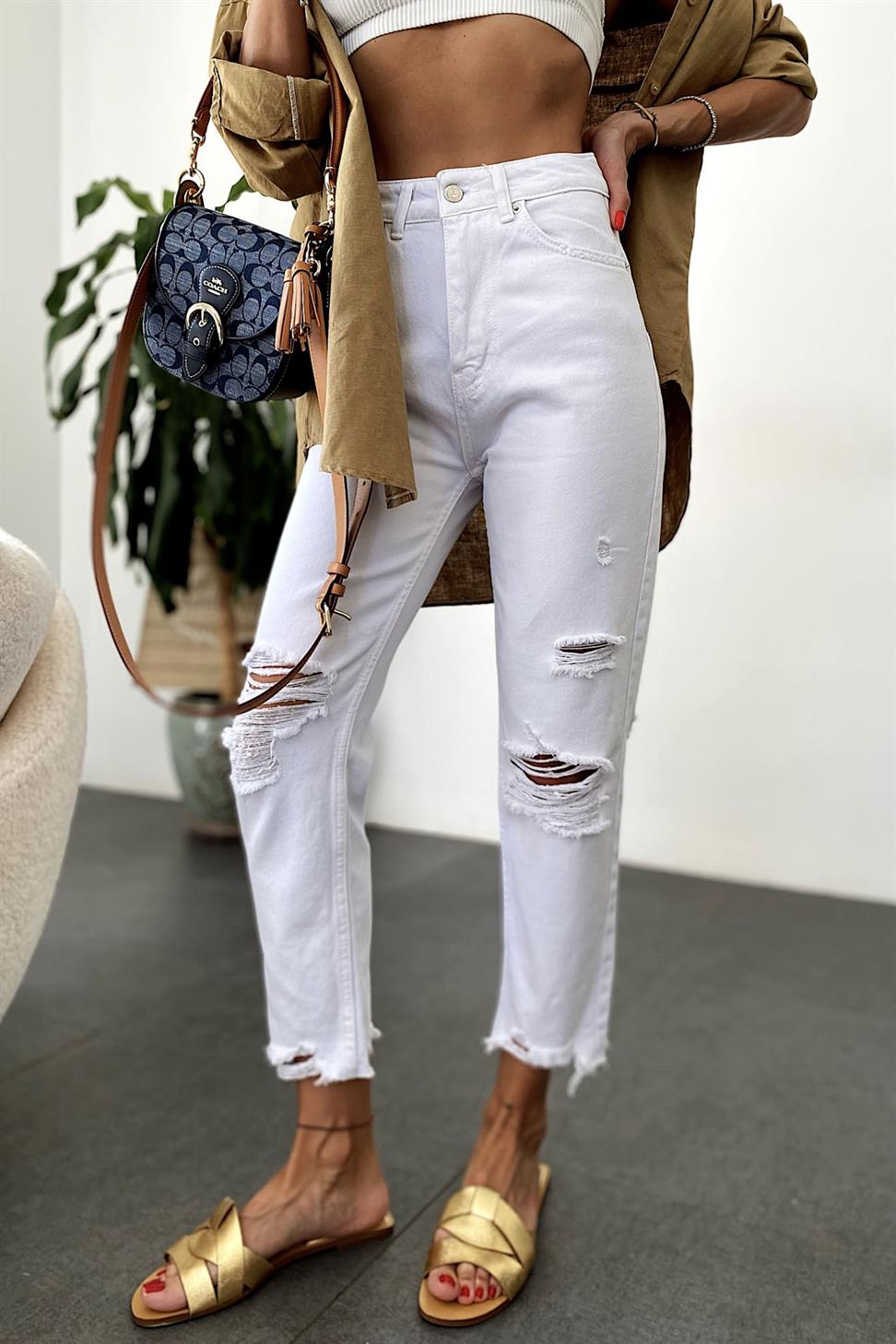 Premium Kalite Yüksek Bel Tasarım Jean Pantolon Beyaz