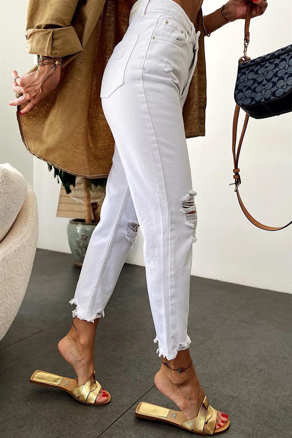 Premium Kalite Yüksek Bel Tasarım Jean Pantolon Beyaz