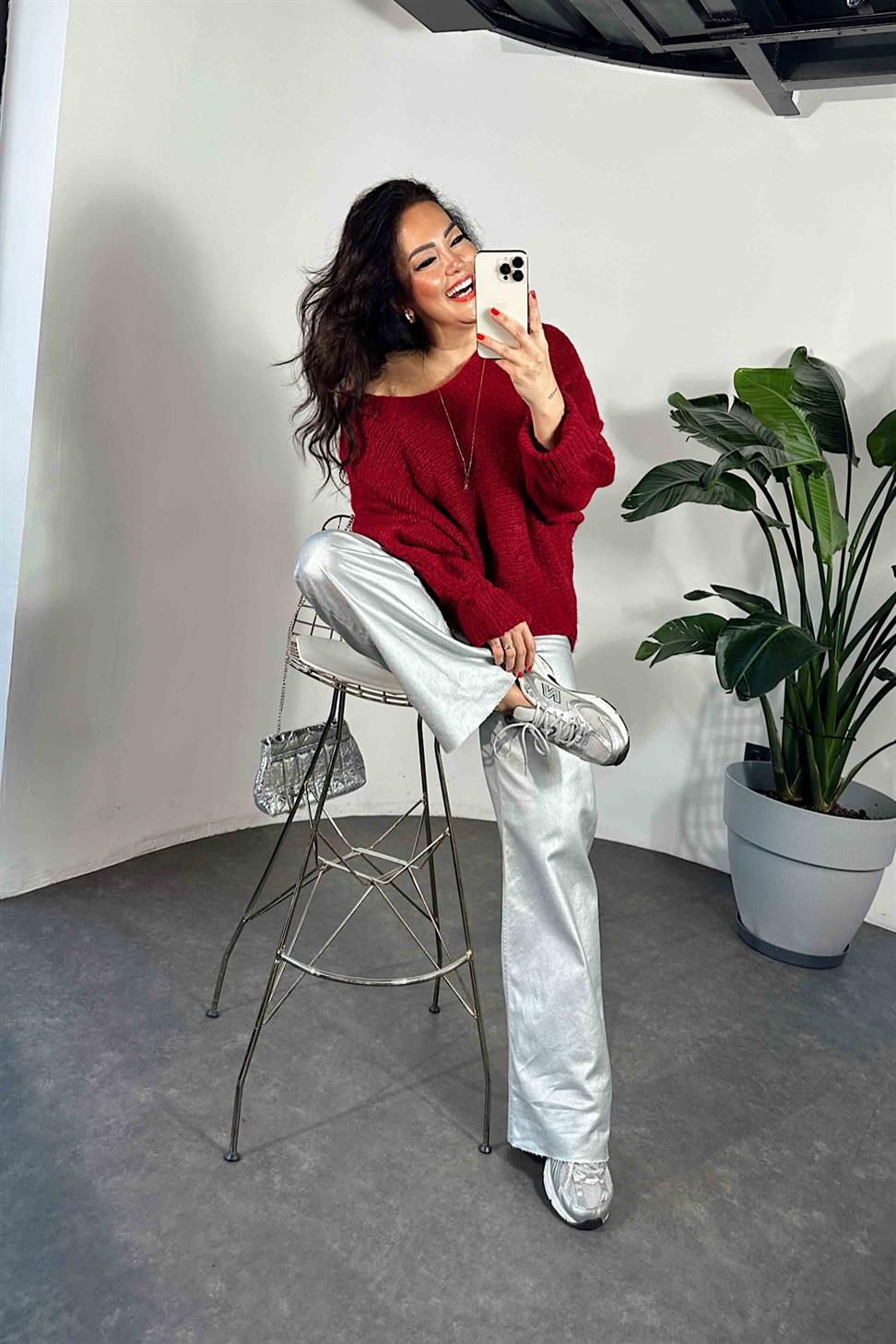 Premium Kalite Yüksek Bel Varaklı Jean Pantolon Silver