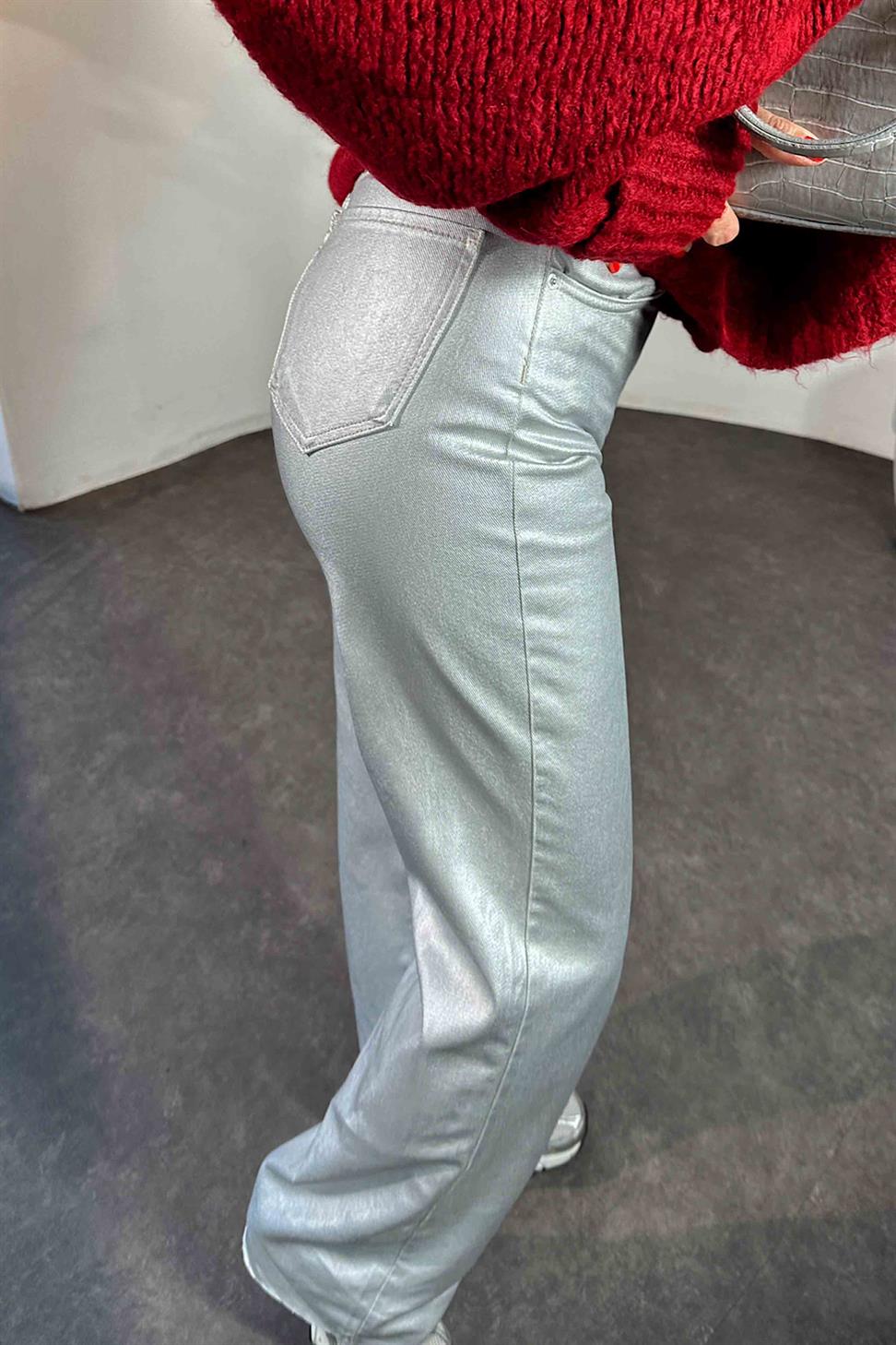 Premium Kalite Yüksek Bel Varaklı Jean Pantolon Silver