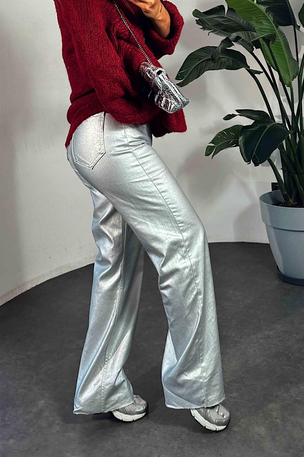 Premium Kalite Yüksek Bel Varaklı Jean Pantolon Silver