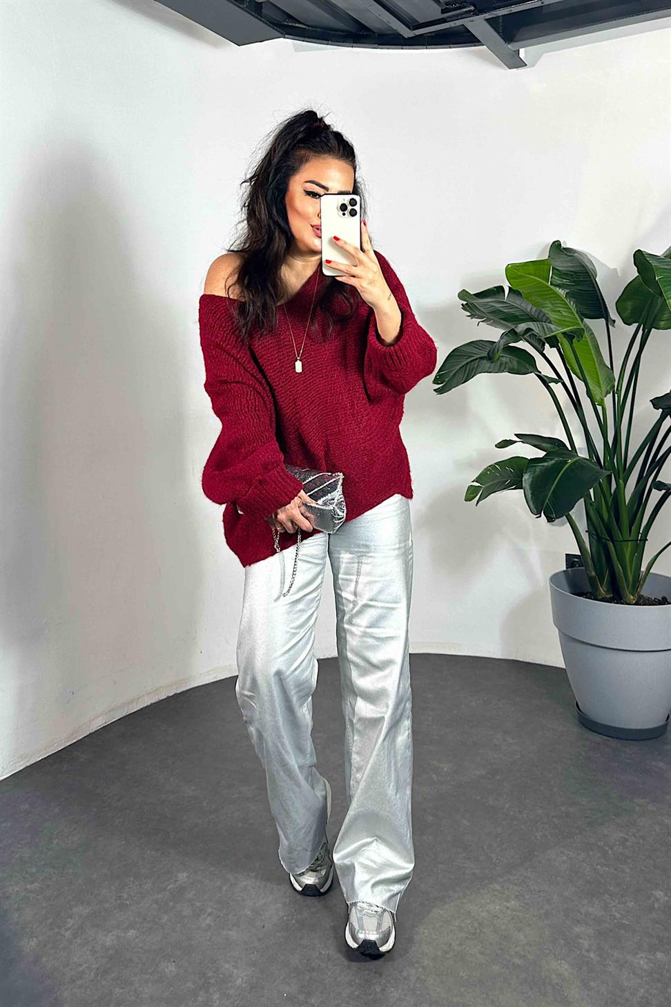 Premium Kalite Yüksek Bel Varaklı Jean Pantolon Silver