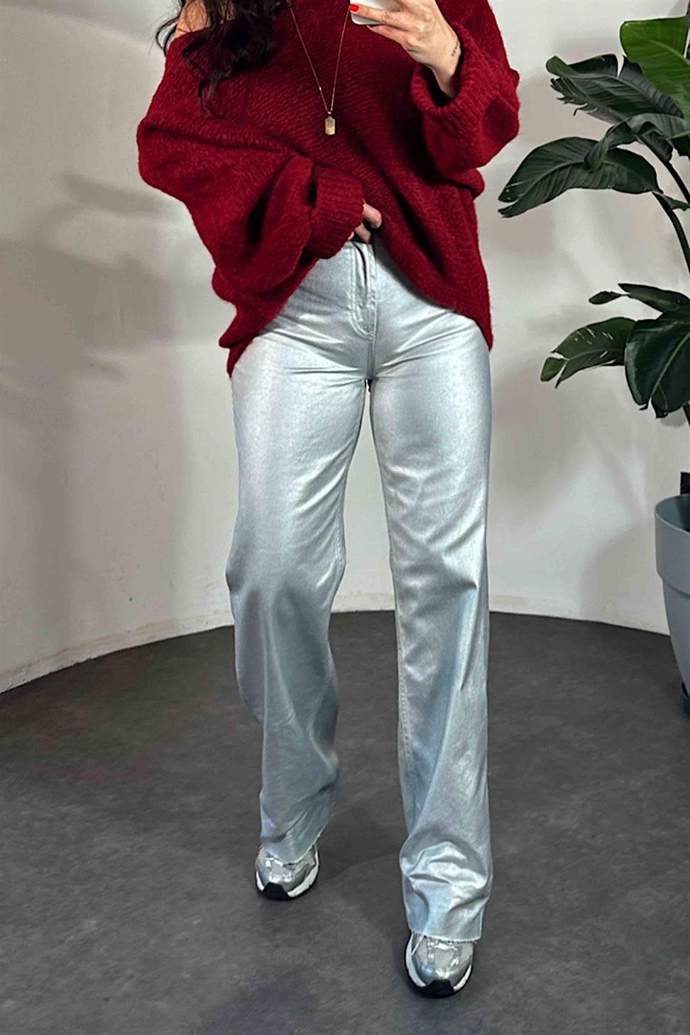 Premium Kalite Yüksek Bel Varaklı Jean Pantolon Silver