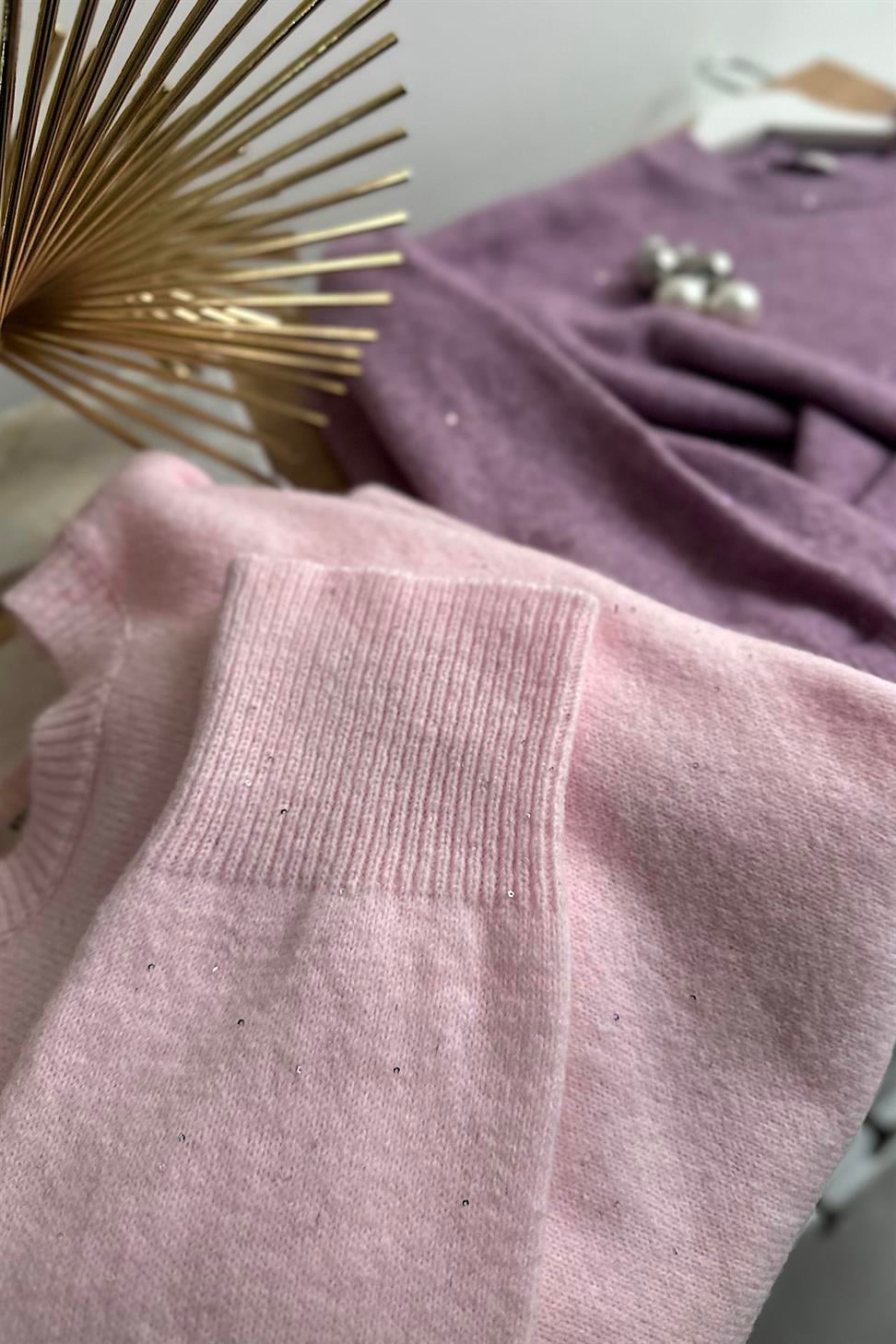 Premium Kalite Yumoş Dokulu Pul Detaylı Kazak Pembe