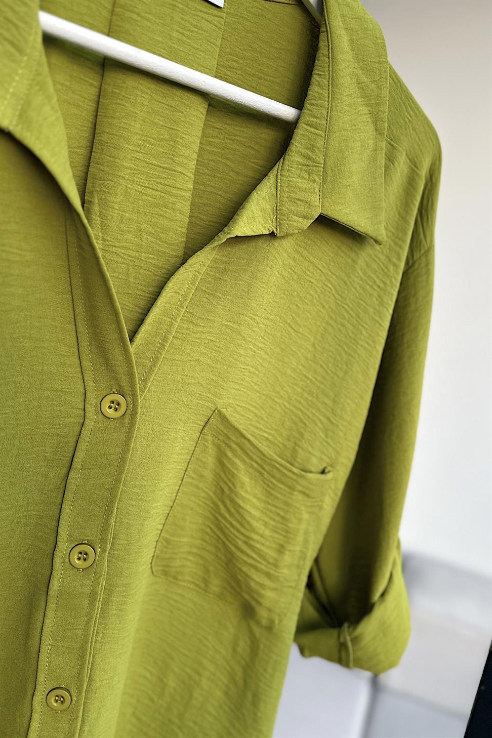 Premium Kalite Yumuşak Dokulu Cep Detaylı Oversize Gömlek Fıstık Yeşil