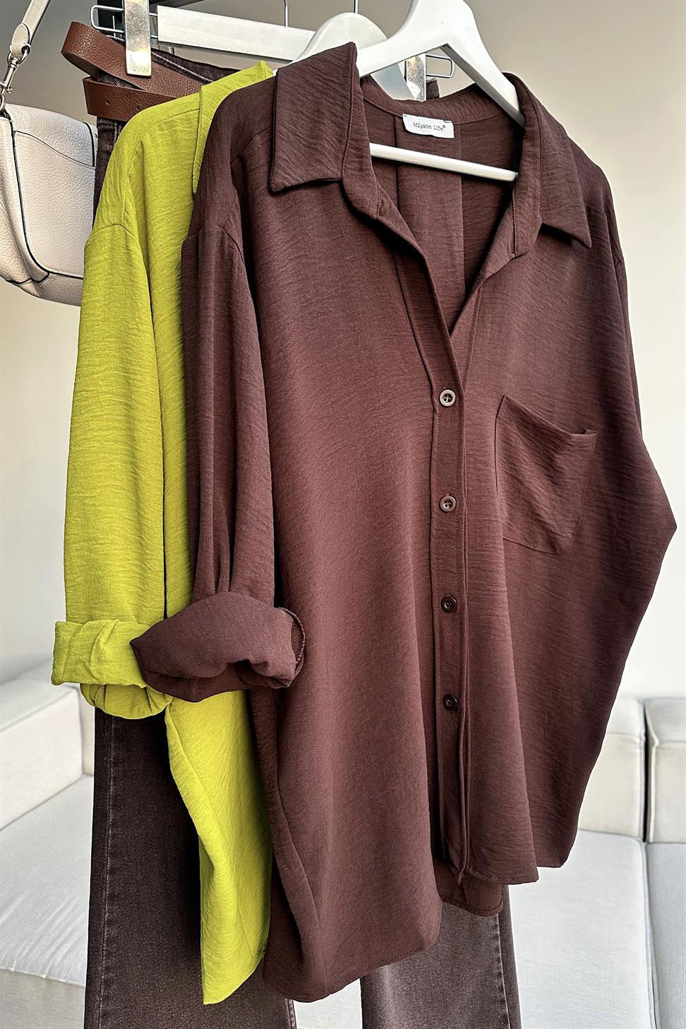 Premium Kalite Yumuşak Dokulu Cep Detaylı Oversize Gömlek Acı Kahve