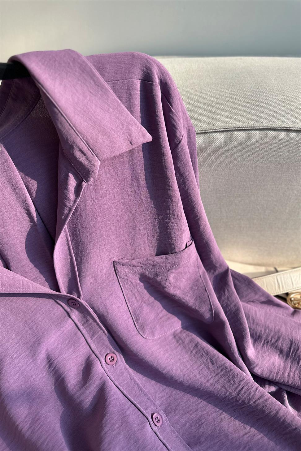 Premium Kalite Yumuşak Dokulu Cep Detaylı Oversize Gömlek Lila