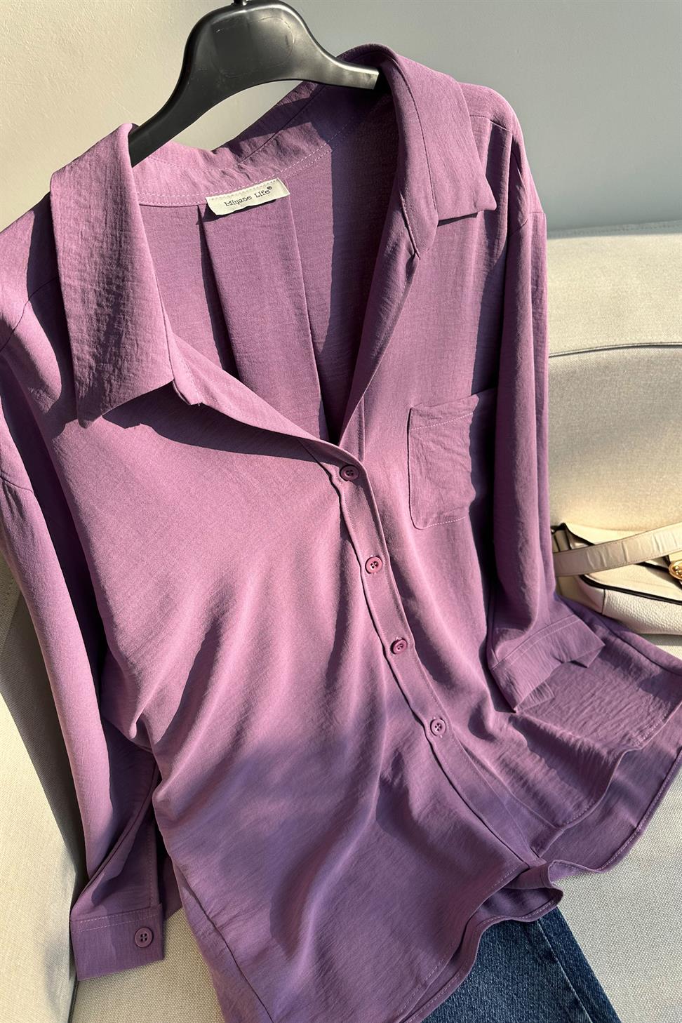 Premium Kalite Yumuşak Dokulu Cep Detaylı Oversize Gömlek Lila
