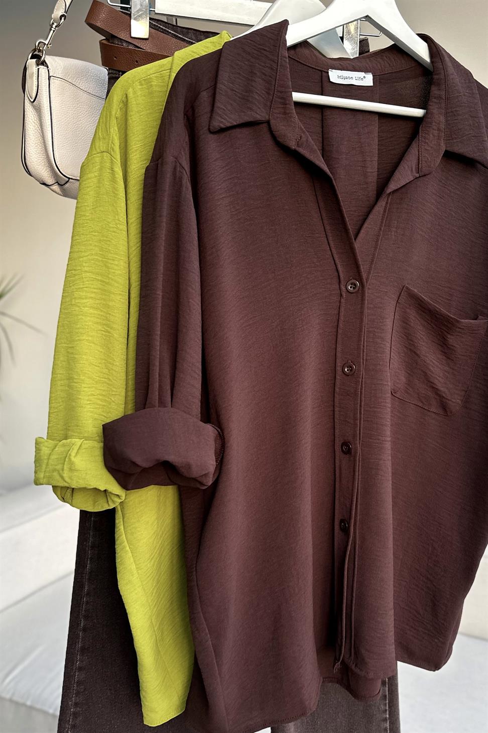 Premium Kalite Yumuşak Dokulu Cep Detaylı Oversize Gömlek Acı Kahve