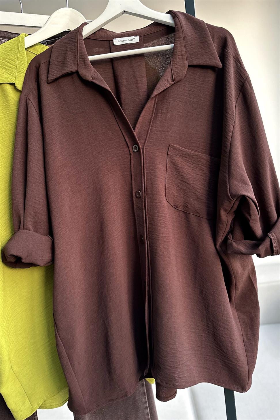 Premium Kalite Yumuşak Dokulu Cep Detaylı Oversize Gömlek Acı Kahve