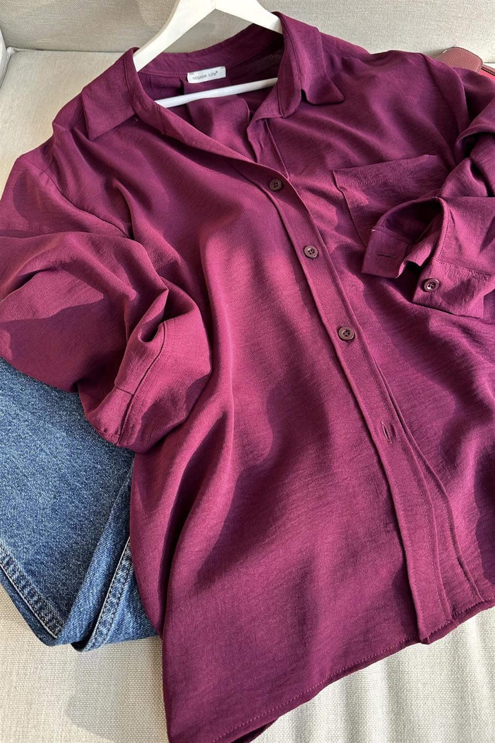 Premium Kalite Yumuşak Dokulu Cep Detaylı Oversize Gömlek Mürdüm