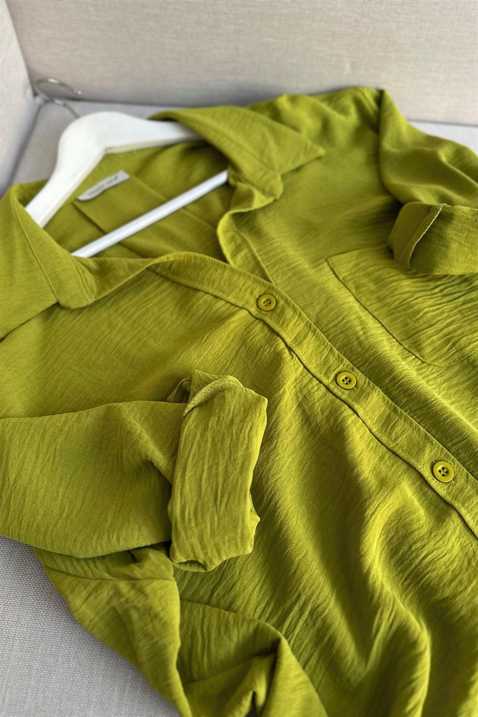 Premium Kalite Yumuşak Dokulu Cep Detaylı Oversize Gömlek Fıstık Yeşil