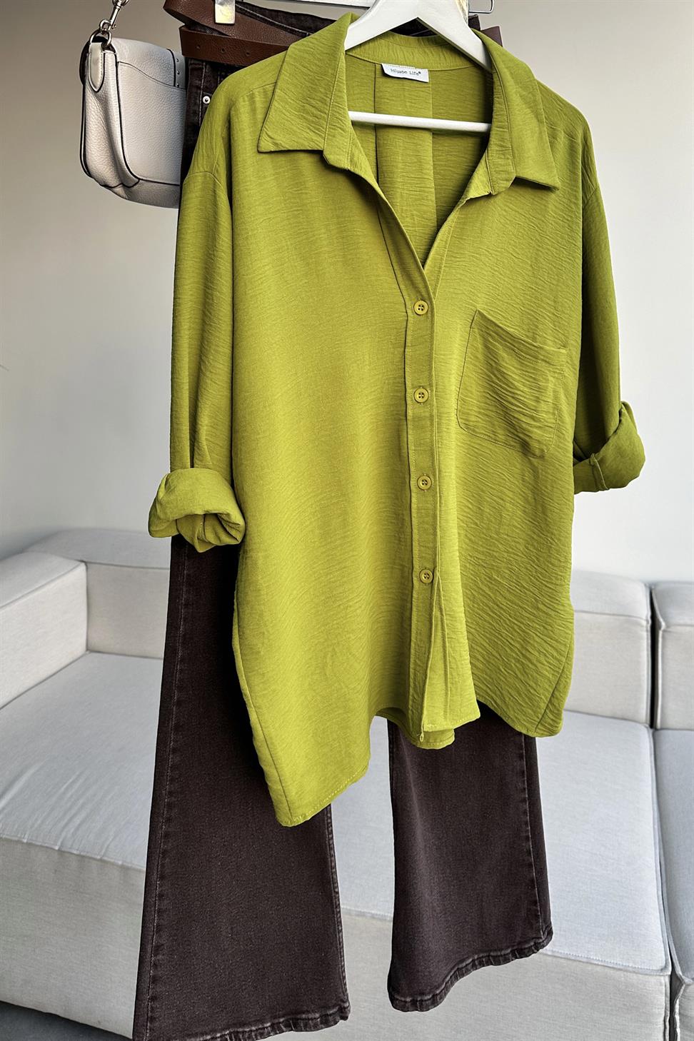 Premium Kalite Yumuşak Dokulu Cep Detaylı Oversize Gömlek Fıstık Yeşil