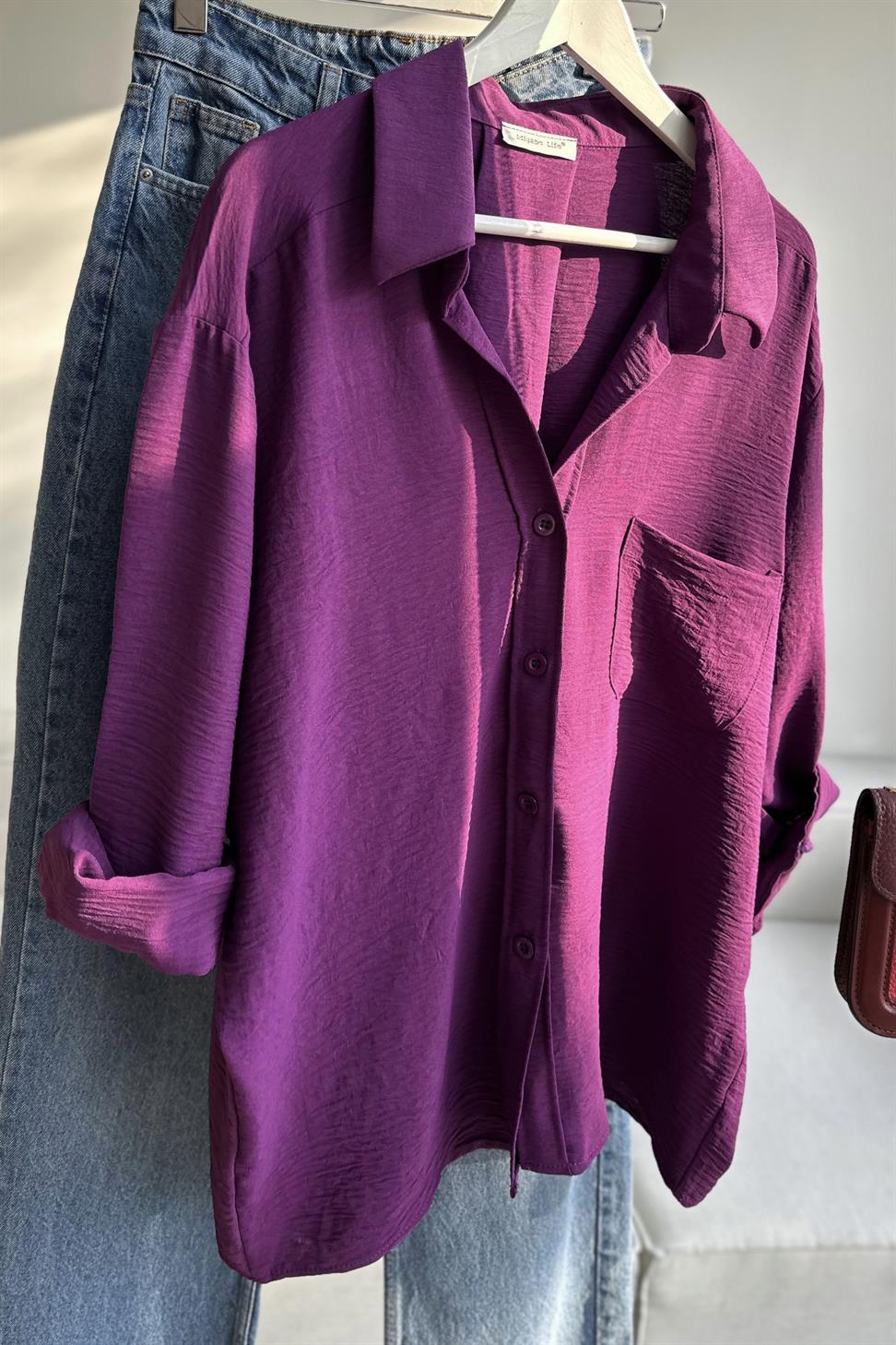 Premium Kalite Yumuşak Dokulu Cep Detaylı Oversize Gömlek Mor