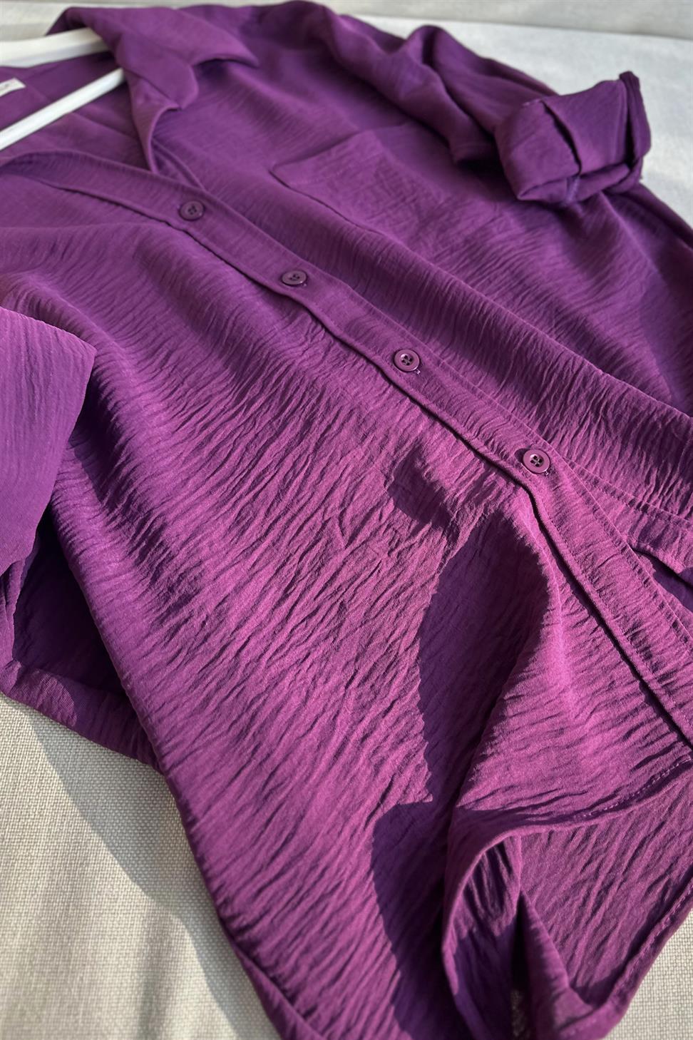 Premium Kalite Yumuşak Dokulu Cep Detaylı Oversize Gömlek Mor