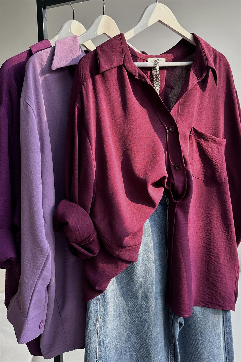 Premium Kalite Yumuşak Dokulu Cep Detaylı Oversize Gömlek Mürdüm