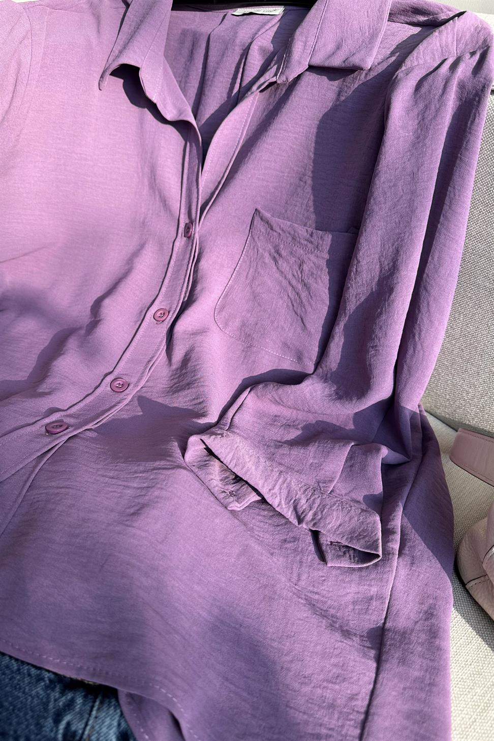 Premium Kalite Yumuşak Dokulu Cep Detaylı Oversize Gömlek Lila