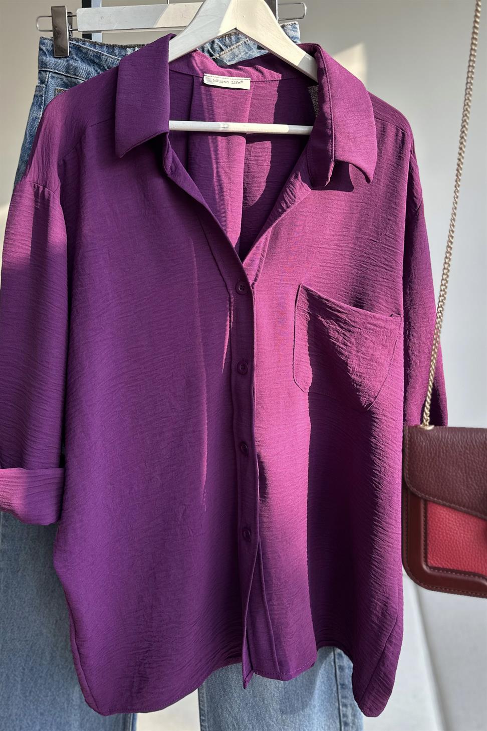 Premium Kalite Yumuşak Dokulu Cep Detaylı Oversize Gömlek Mor
