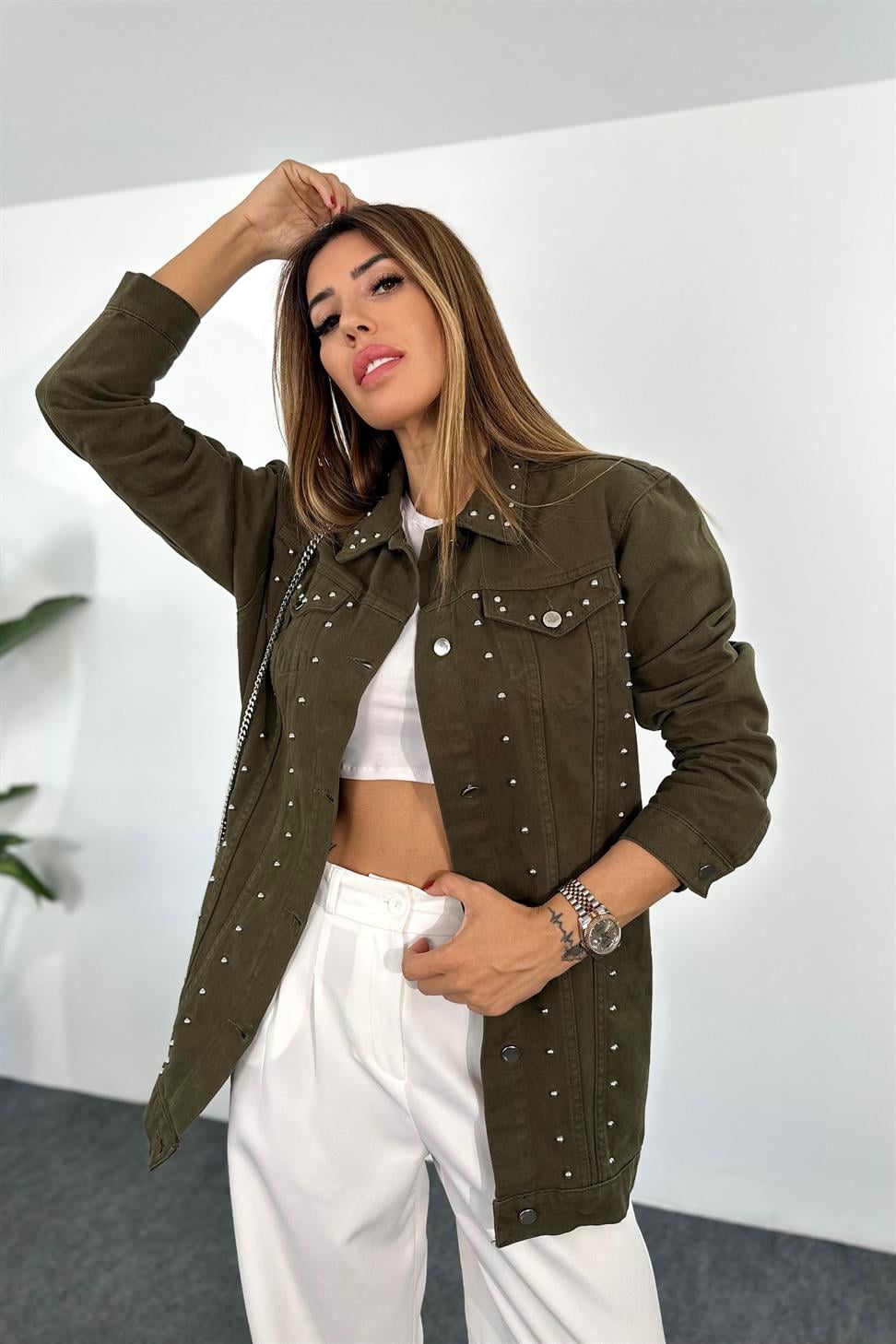 Premium Kalite Zımbalı Cep Detaylı Denim Ceket Haki