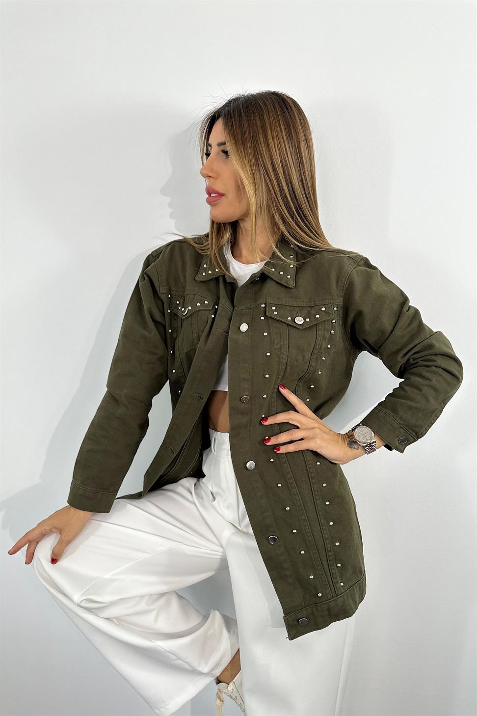 Premium Kalite Zımbalı Cep Detaylı Denim Ceket Haki