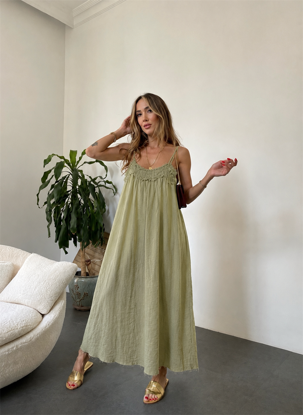 Premium Seri %100 Organik Kumaş Maxi Salaş Elbise Naturel Haki