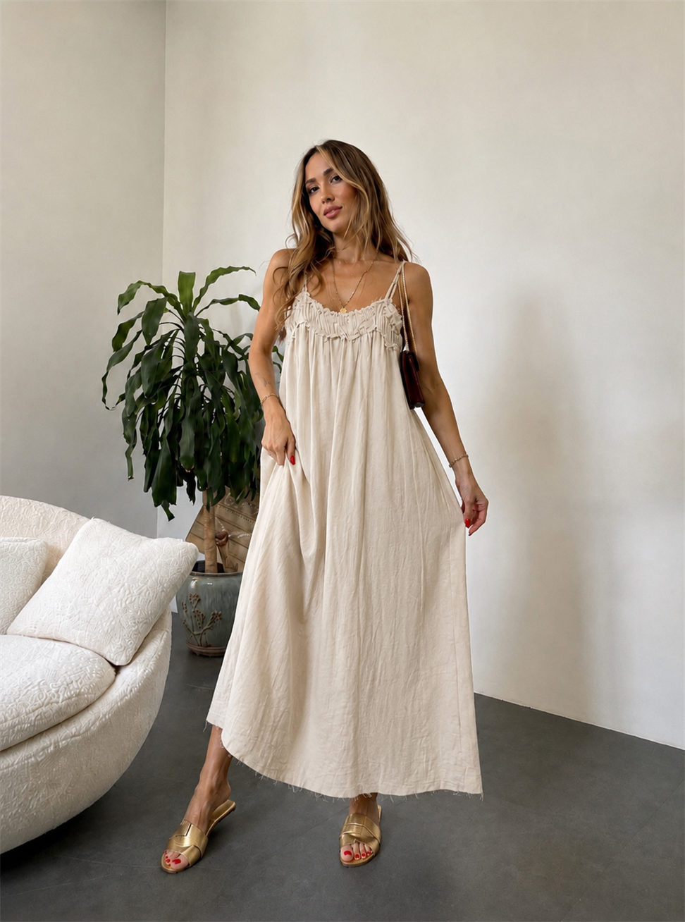 Premium Seri %100 Organik Kumaş Maxi Salaş Elbise Naturel Taş