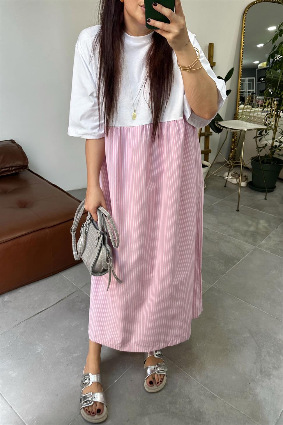 Premium Seri Candy Çizgili Oversize Midi Elbise Pembe