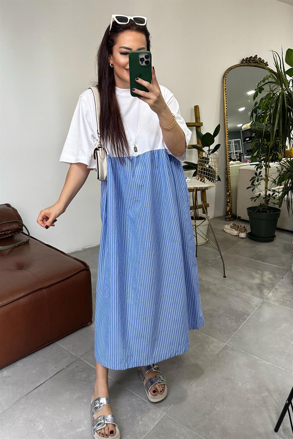 Premium Seri Candy Çizgili Oversize Midi Elbise Mavi