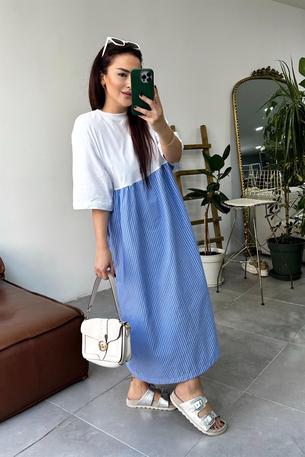 Premium Seri Candy Çizgili Oversize Midi Elbise Mavi