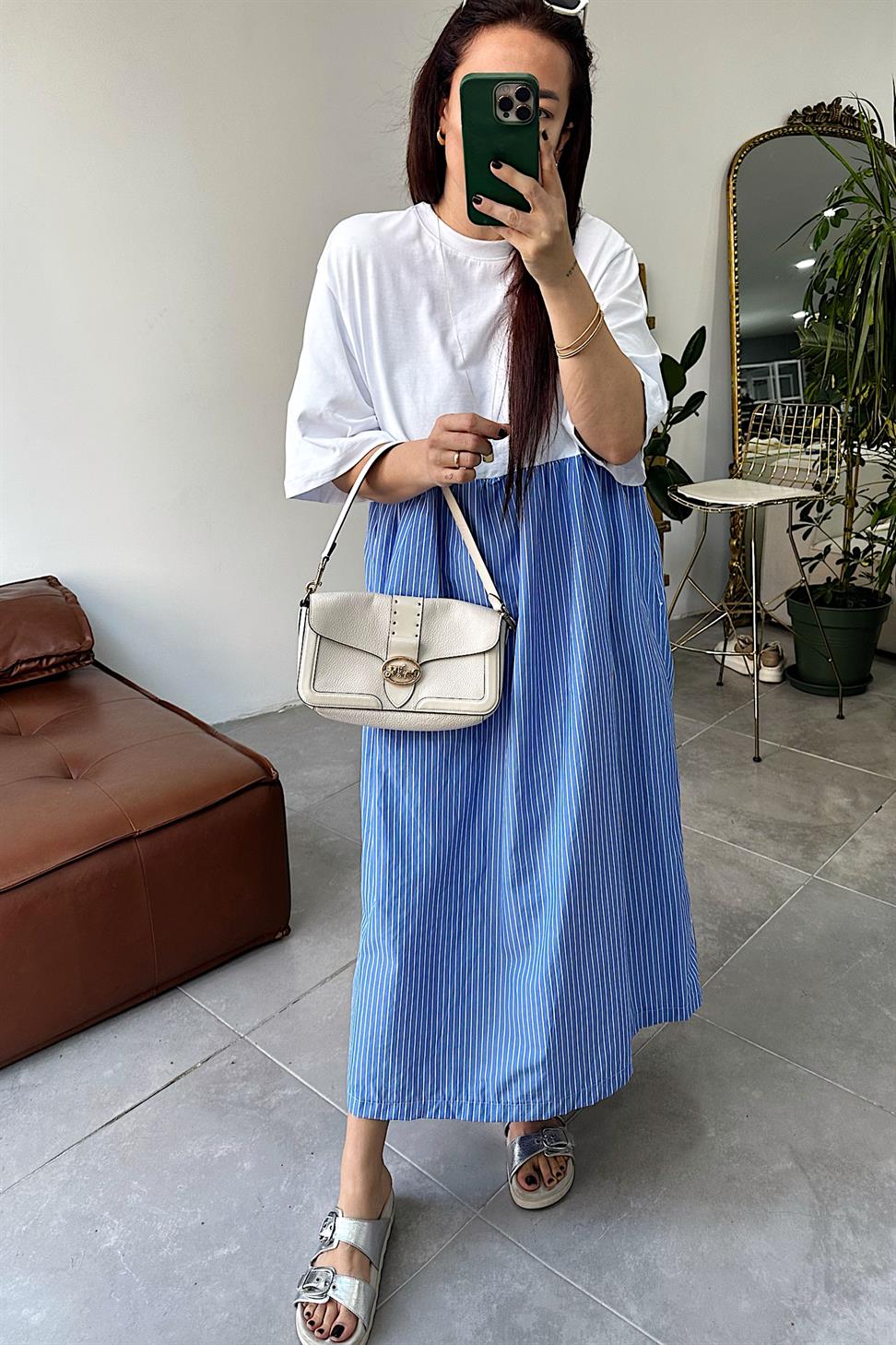 Premium Seri Candy Çizgili Oversize Midi Elbise Mavi