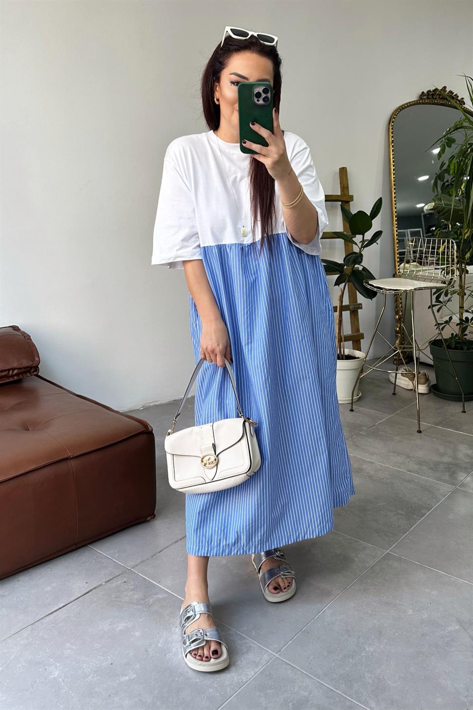 Premium Seri Candy Çizgili Oversize Midi Elbise Mavi