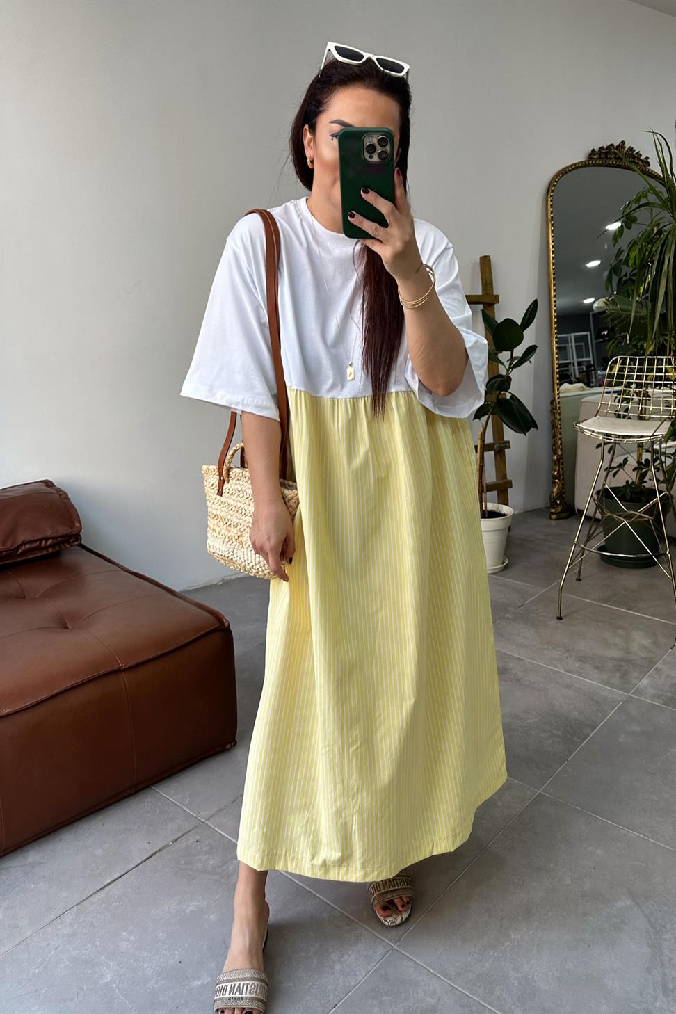 Premium Seri Candy Çizgili Oversize Midi Elbise Sarı