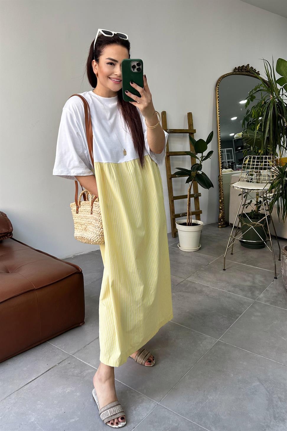 Premium Seri Candy Çizgili Oversize Midi Elbise Sarı