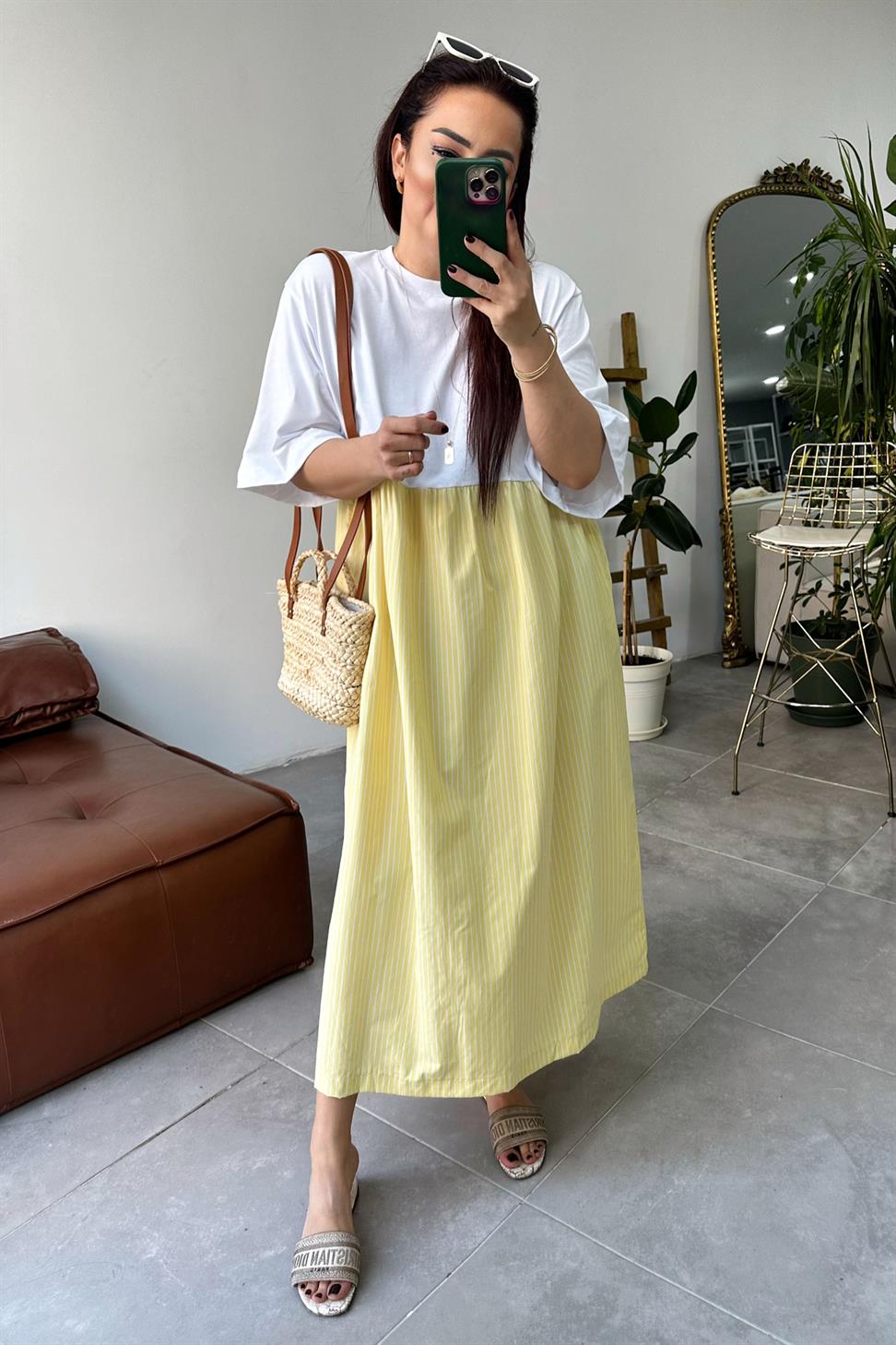 Premium Seri Candy Çizgili Oversize Midi Elbise Sarı