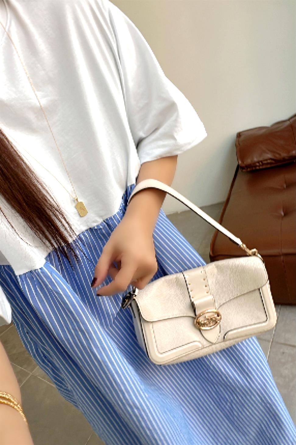 Premium Seri Candy Çizgili Oversize Midi Elbise Mavi