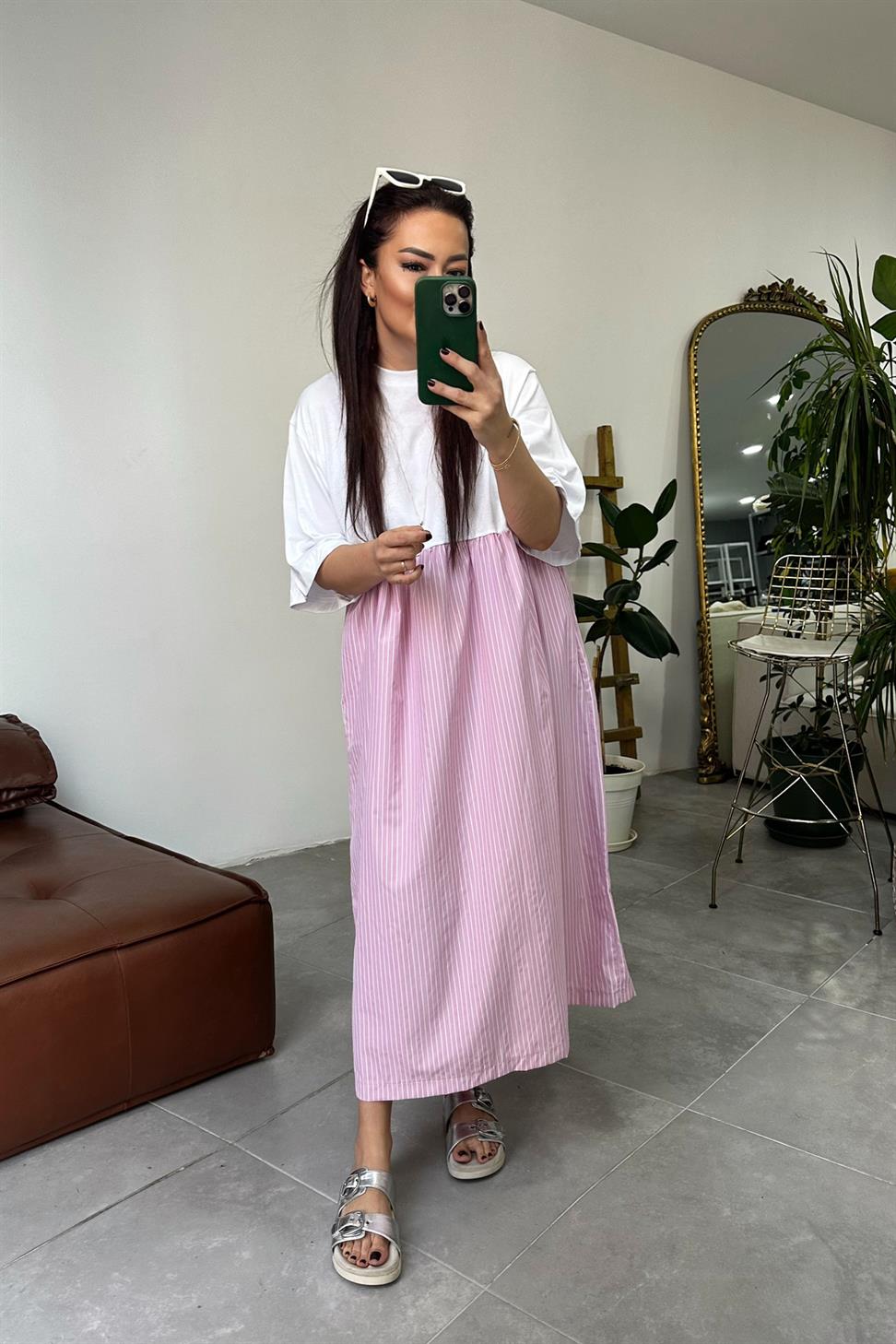 Premium Seri Candy Çizgili Oversize Midi Elbise Pembe