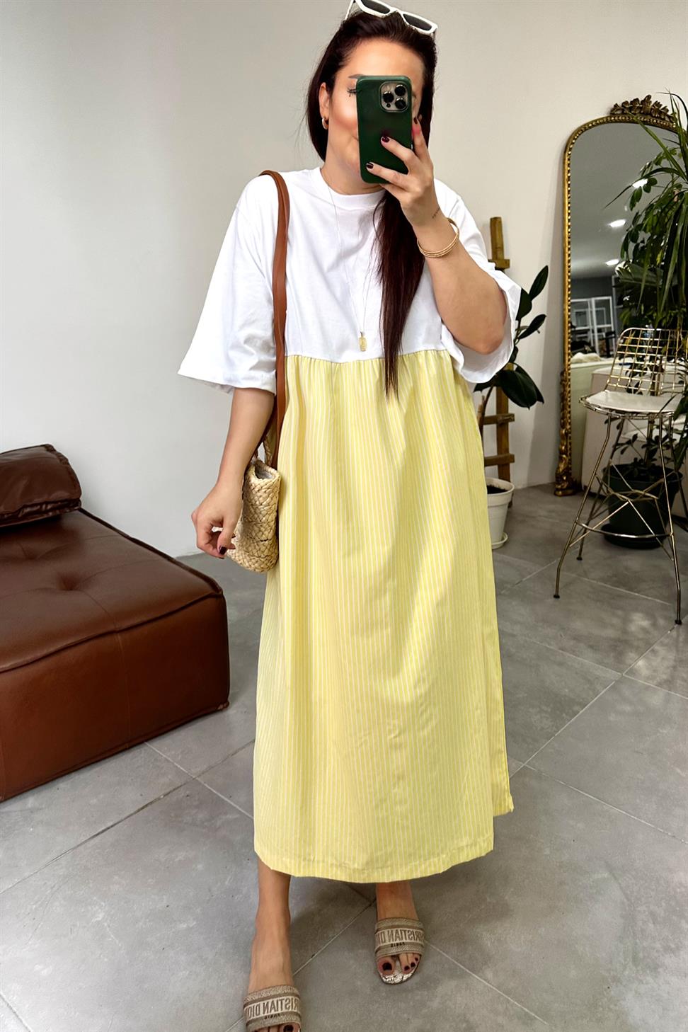 Premium Seri Candy Çizgili Oversize Midi Elbise Sarı